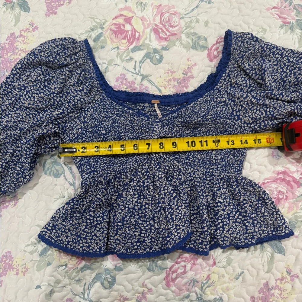 Free People‎ Brittnee Print Smocked Back Peplum Top in Blue Combo Size XS